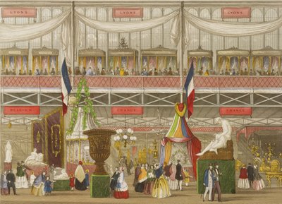 Interiør af den store udstilling, franske og belgiske afdelinger, ved Chevanne, pub. af Read & Co. af English School